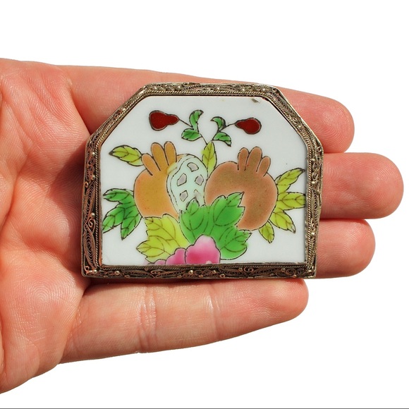 Vintage Chinese Pomegranate Porcelain Shard Brooch - Picture 10 of 10